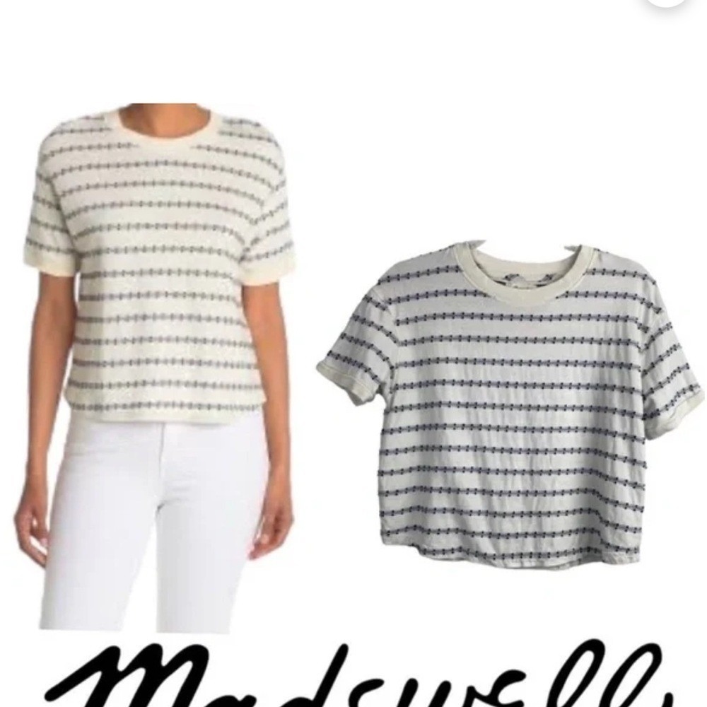 Madewell Textured Stripe Embroidered Dot Short Sleeve T-Shirt Cream Navy small